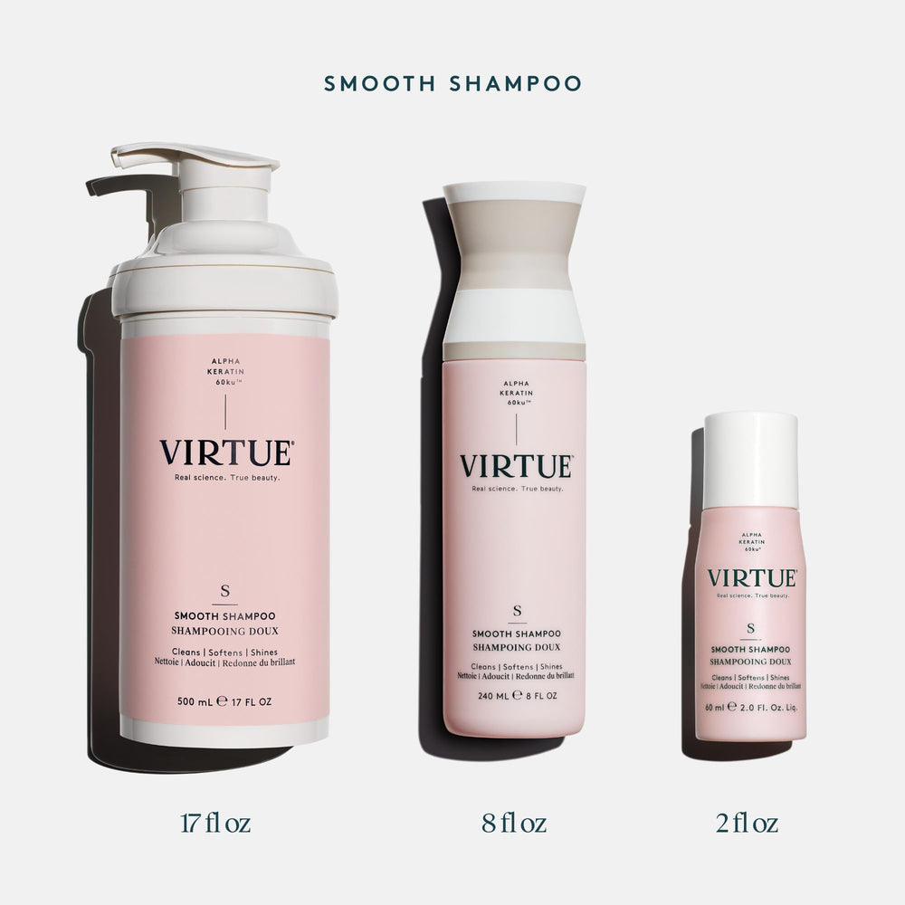 Hair-model shows frizz-free look after using VIRTUE Smooth Shampoo.