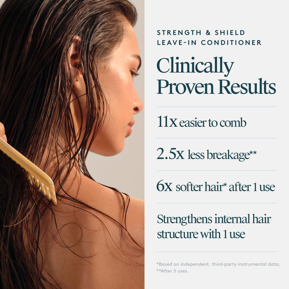 VIRTUE Strength & Shield color-safe formula preserves vibrancy on color-treated hair.
