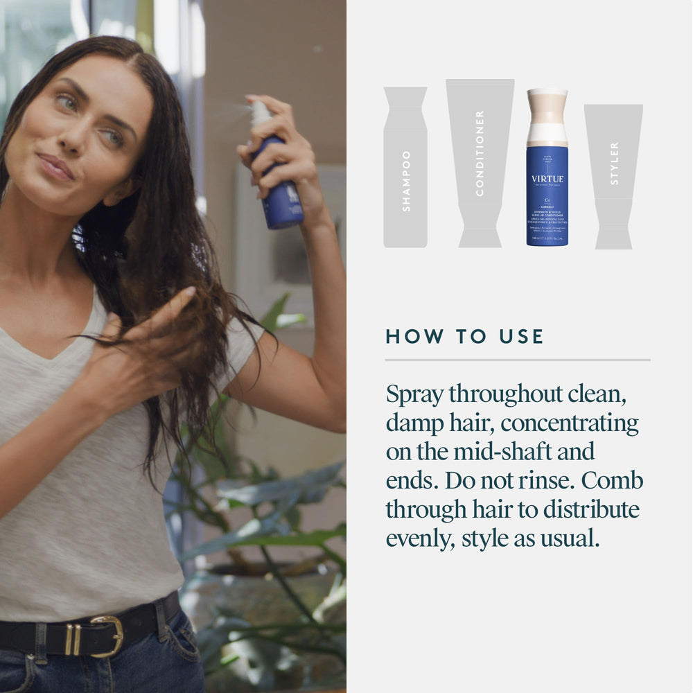 VIRTUE Strength & Shield daily-use mist supports healthier, resilient hair.