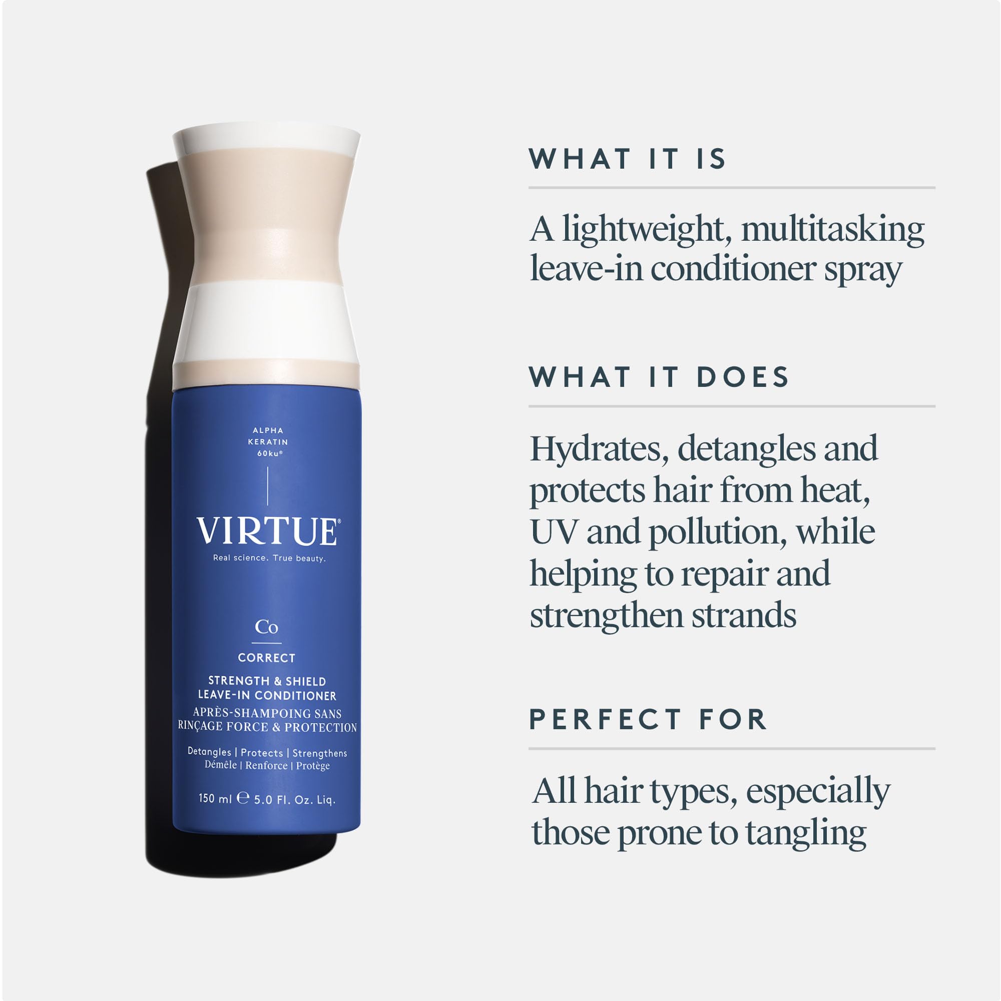 VIRTUE Strength & Shield detangling mist applied on damp hair for easier styling.