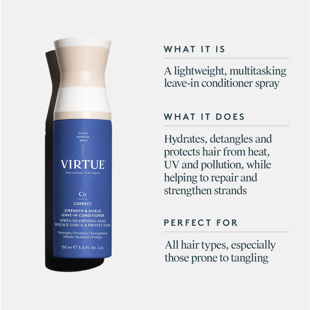 VIRTUE Strength & Shield detangling mist applied on damp hair for easier styling.