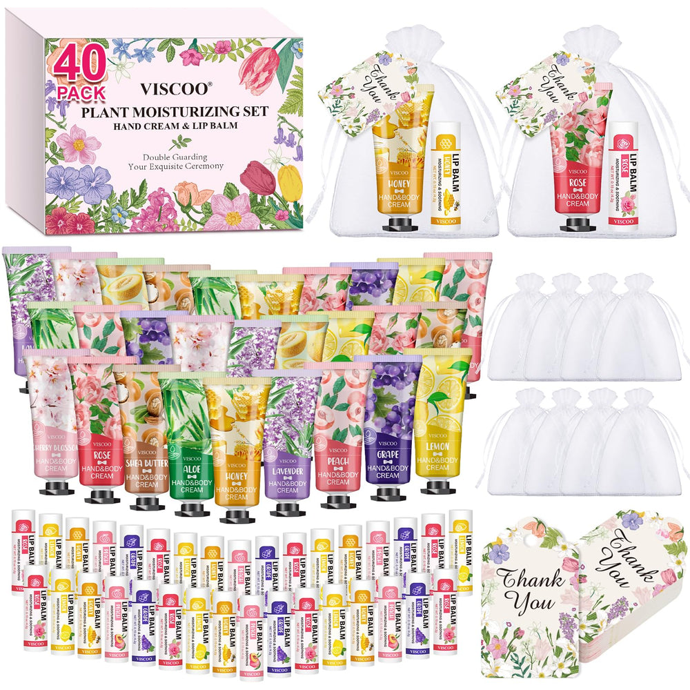 VISCOO 40-pack hand cream and lip balm set for wedding favors.