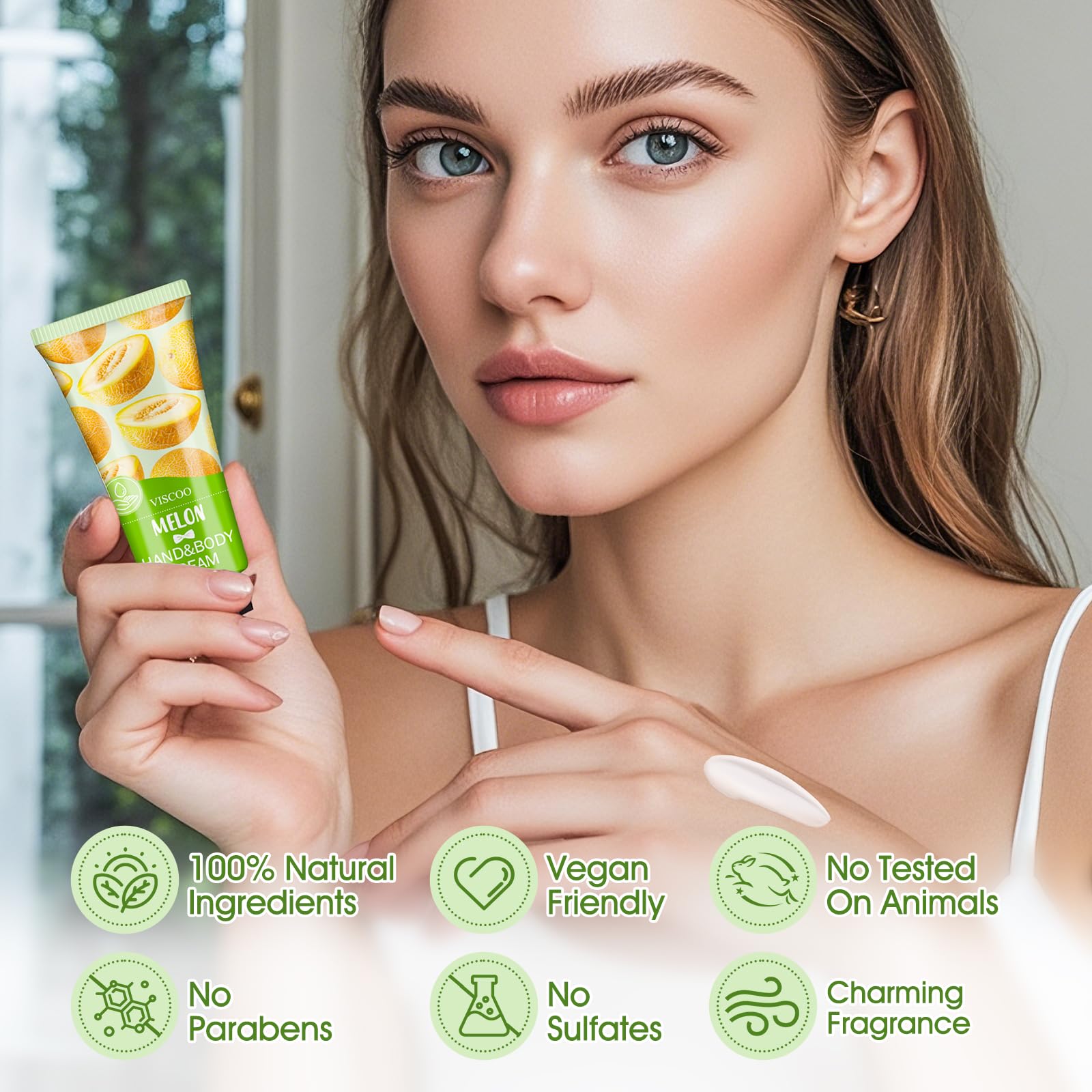VISCOO peach-chamomile fragrance for bright scent and quick absorption.