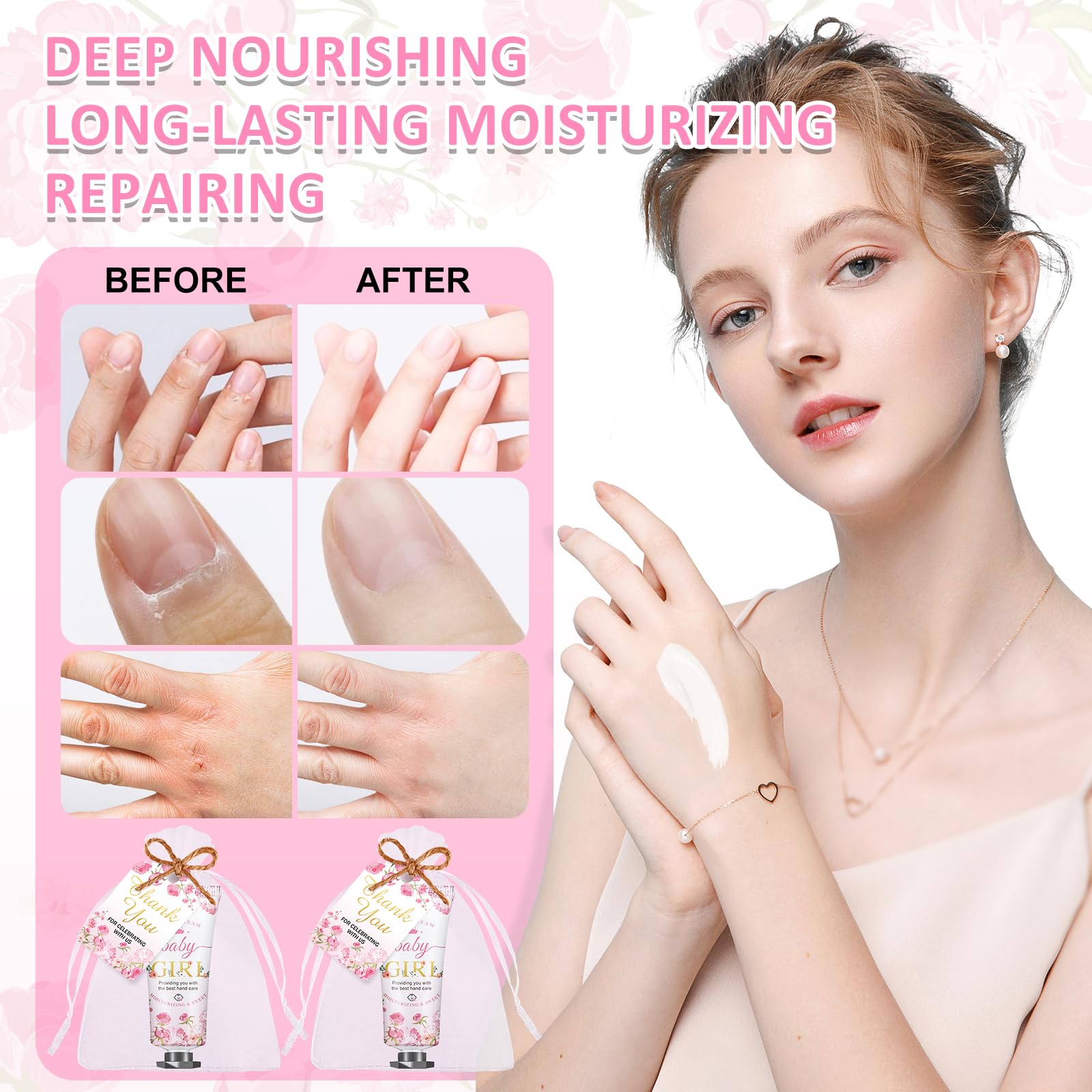 VISCOO pink floral design hand cream ideal for baby shower decor.