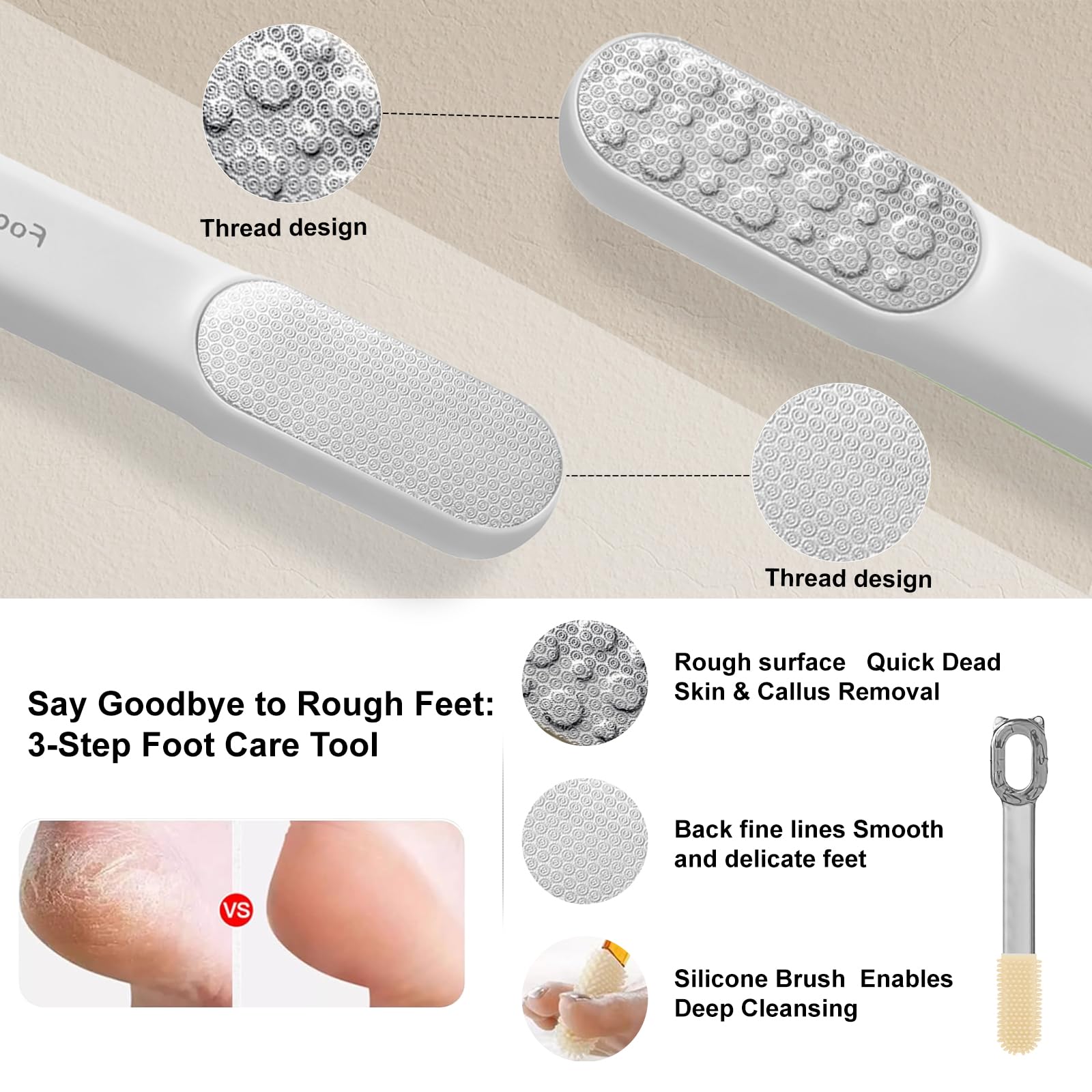 VISDOLL double-sided foot file smooth side polishes skin for softer feet.