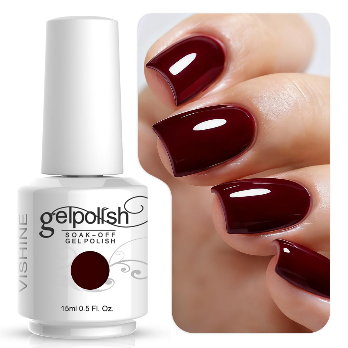 Vishine Gelpolish dark red bottle ready for UV LED curing for salon-grade color.