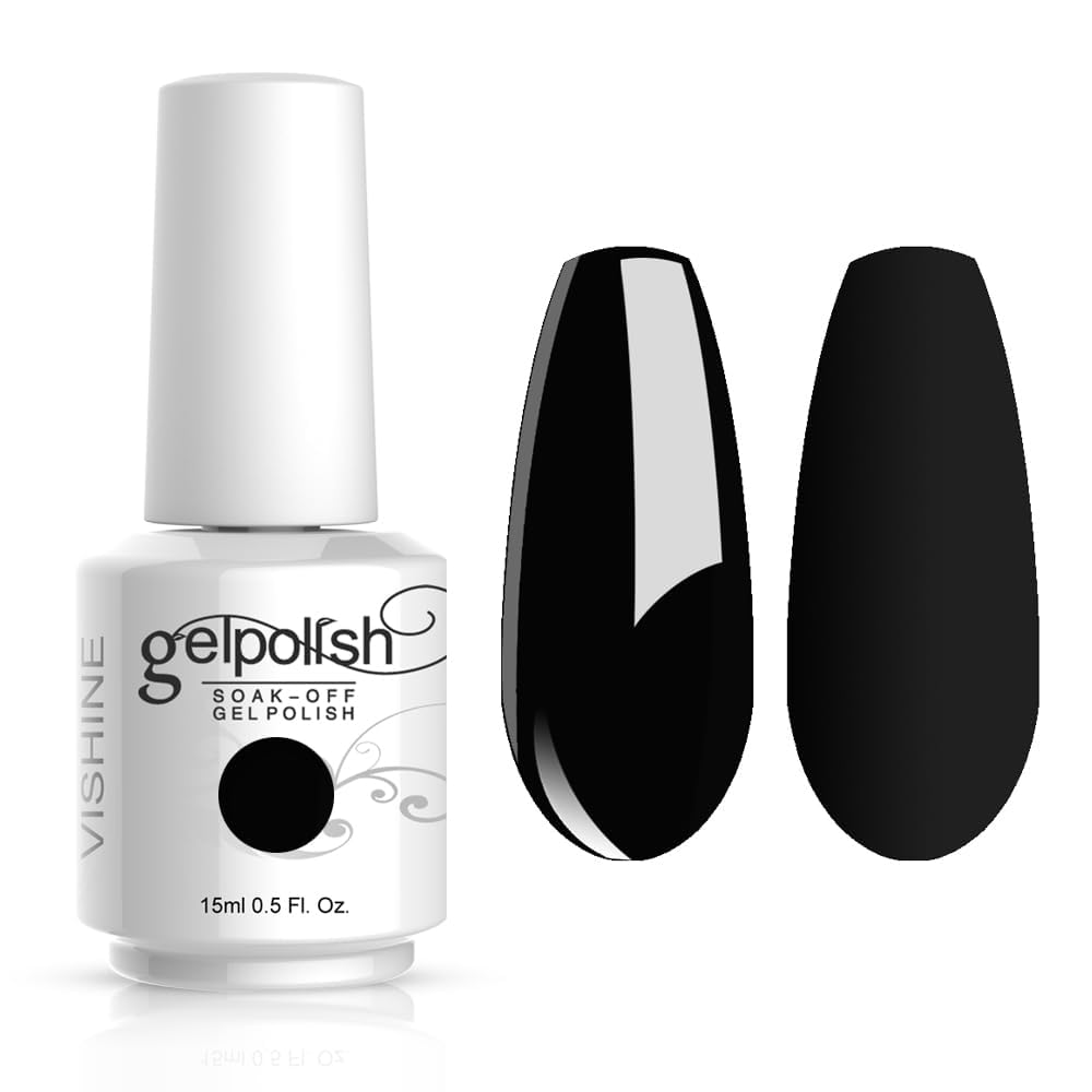 Vishine GelPolish black bottle front, bold manicure option.