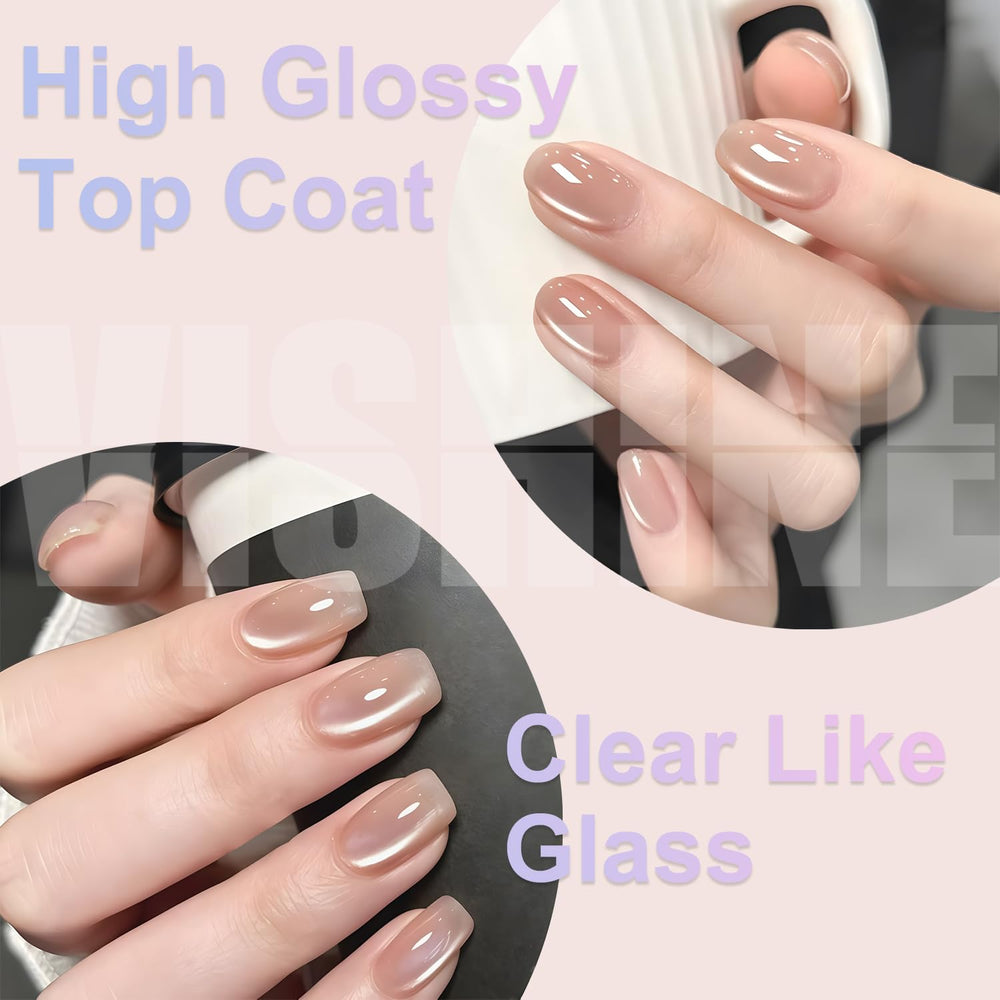 Vishine Top Coat 15ml with chrome powder effect ready nails.