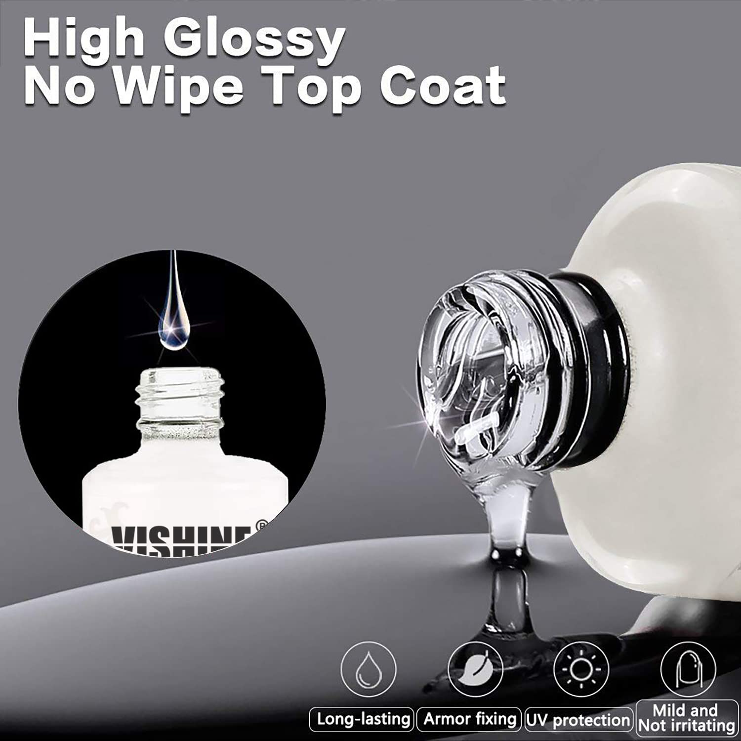 Vishine Top Coat 15ml provides a radiant high-gloss finish on nails.