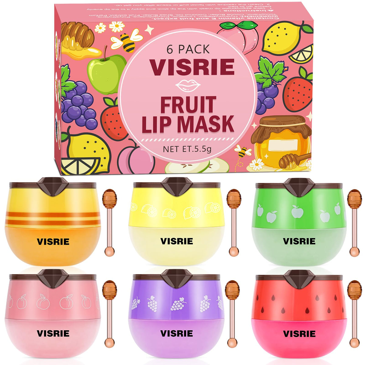 VISRIE bee lip balm jar set with six flavors for daily lip hydration and care.
