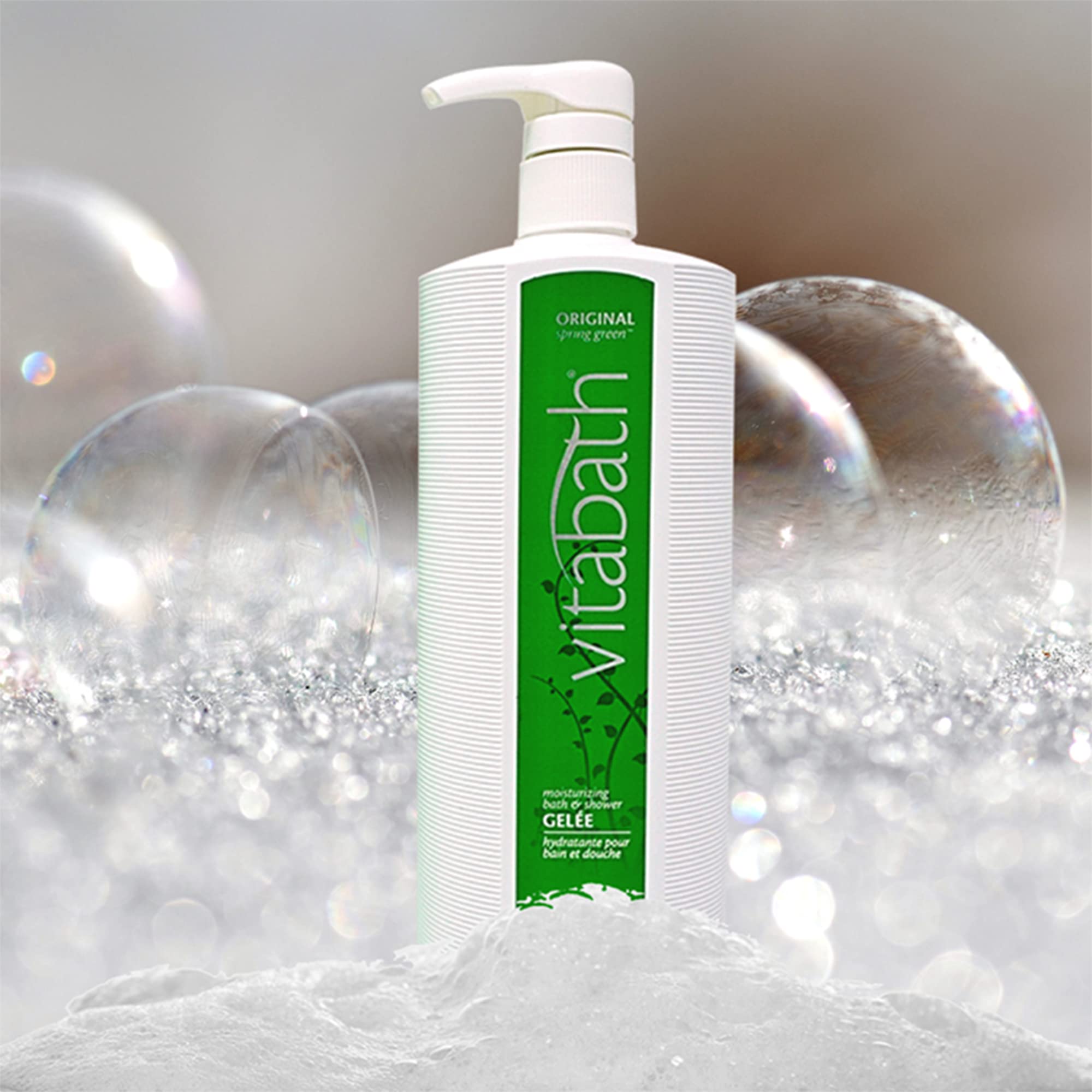 Ingredients list and bottle of Vitabath Original Spring Green