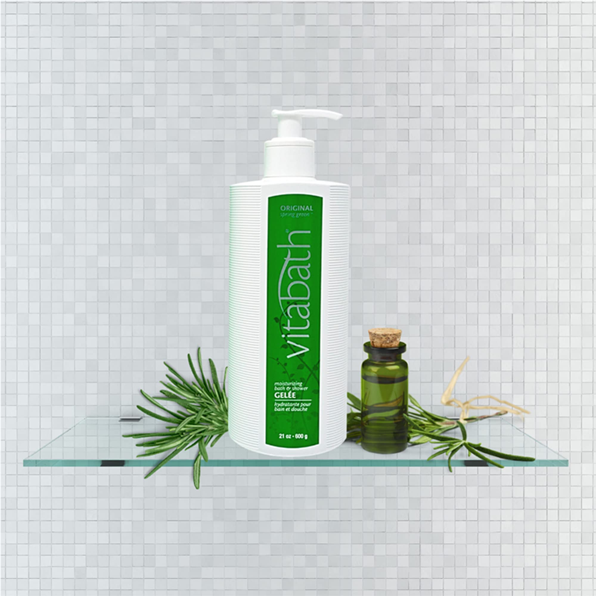 Vitabath Original Spring Green bottle on sink suggests convenient daily ritual.