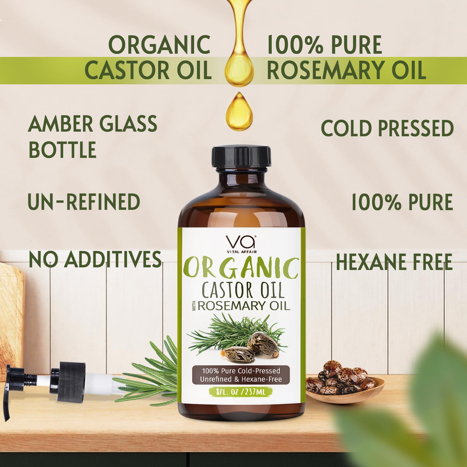 Vital Affair aceite de ricino organico con romero, prensado en frio para cabello saludable.