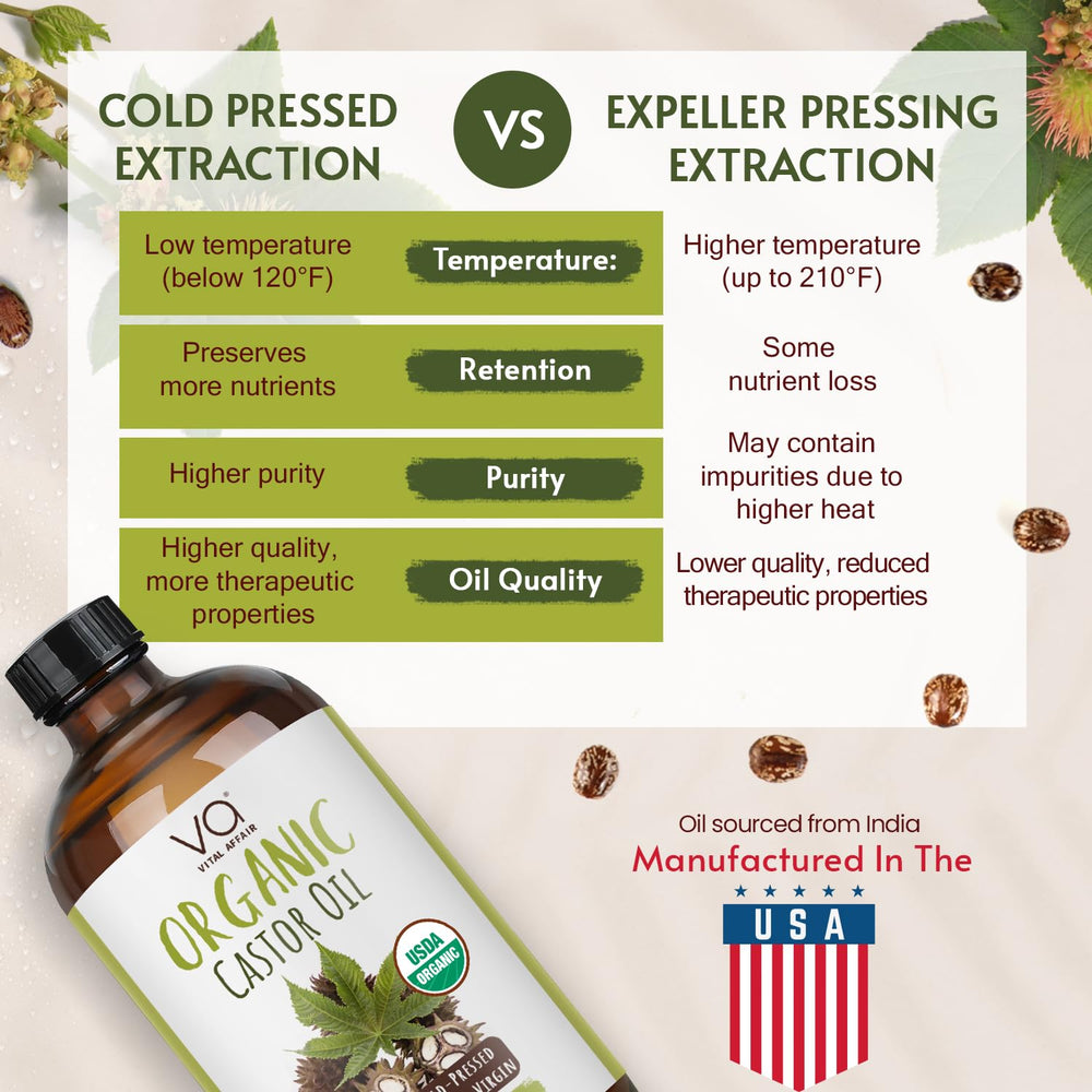 VITAL AFFAIR cold-pressed castor oil pours smoothly for facial, lash, and brow care