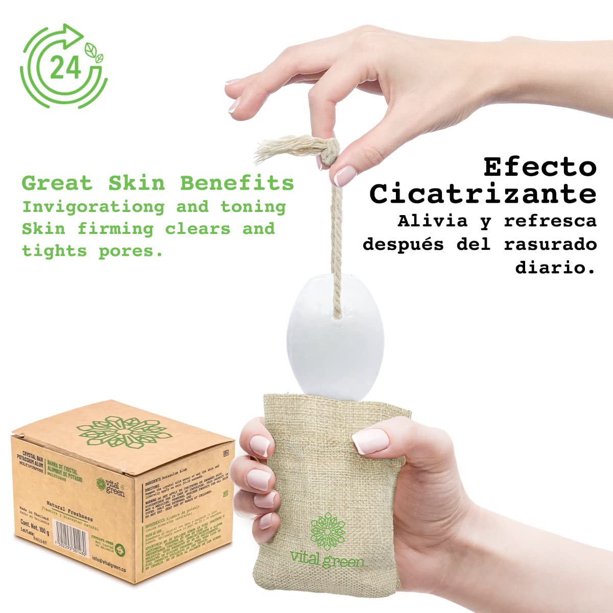 Vital Green alum crystal bar odor control close-up shows natural mineral barrier.