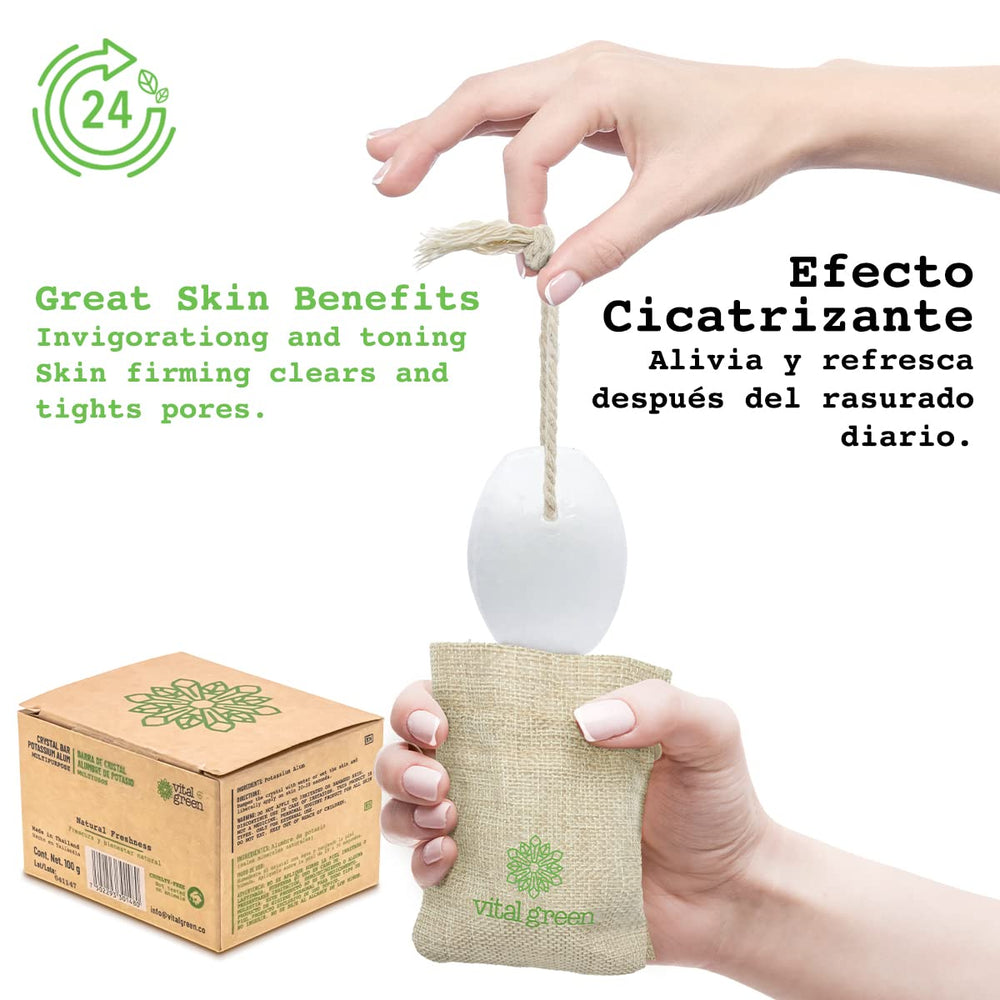 Vital Green alum crystal bar odor control close-up shows natural mineral barrier.
