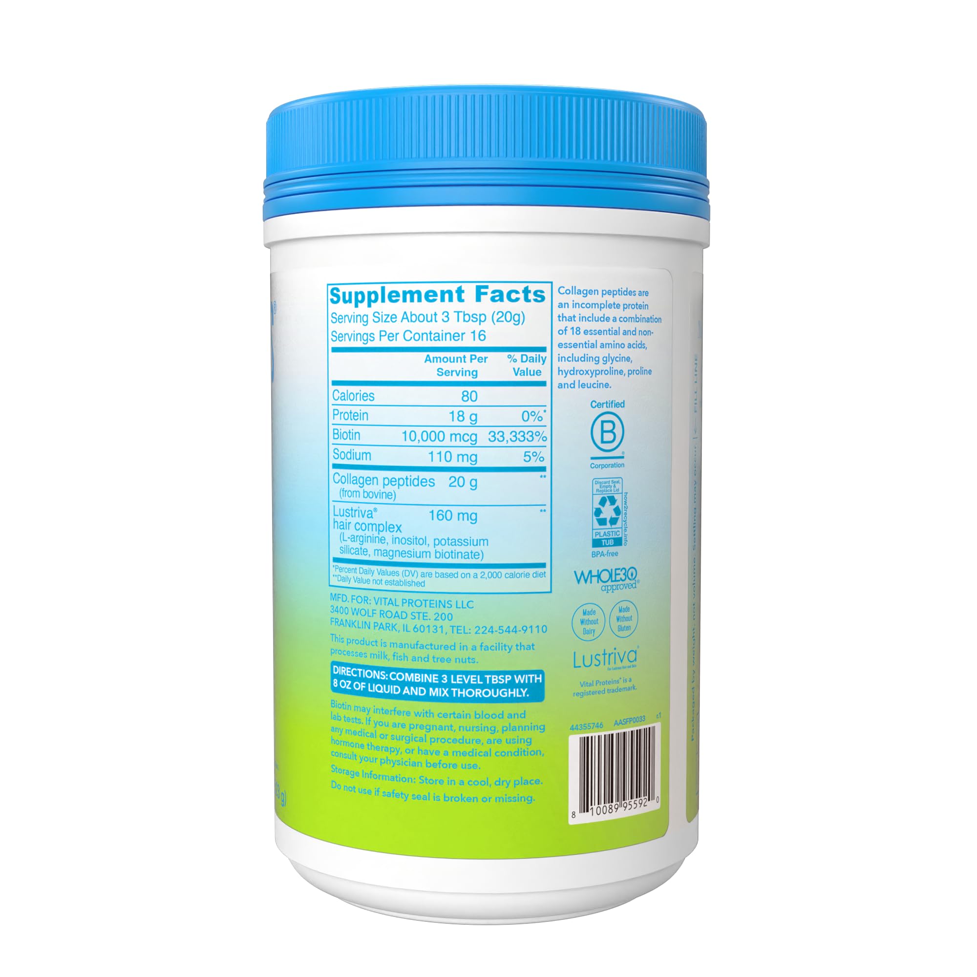 11.4oz Vital Proteins Hair Complex tub ready for daily regimen.