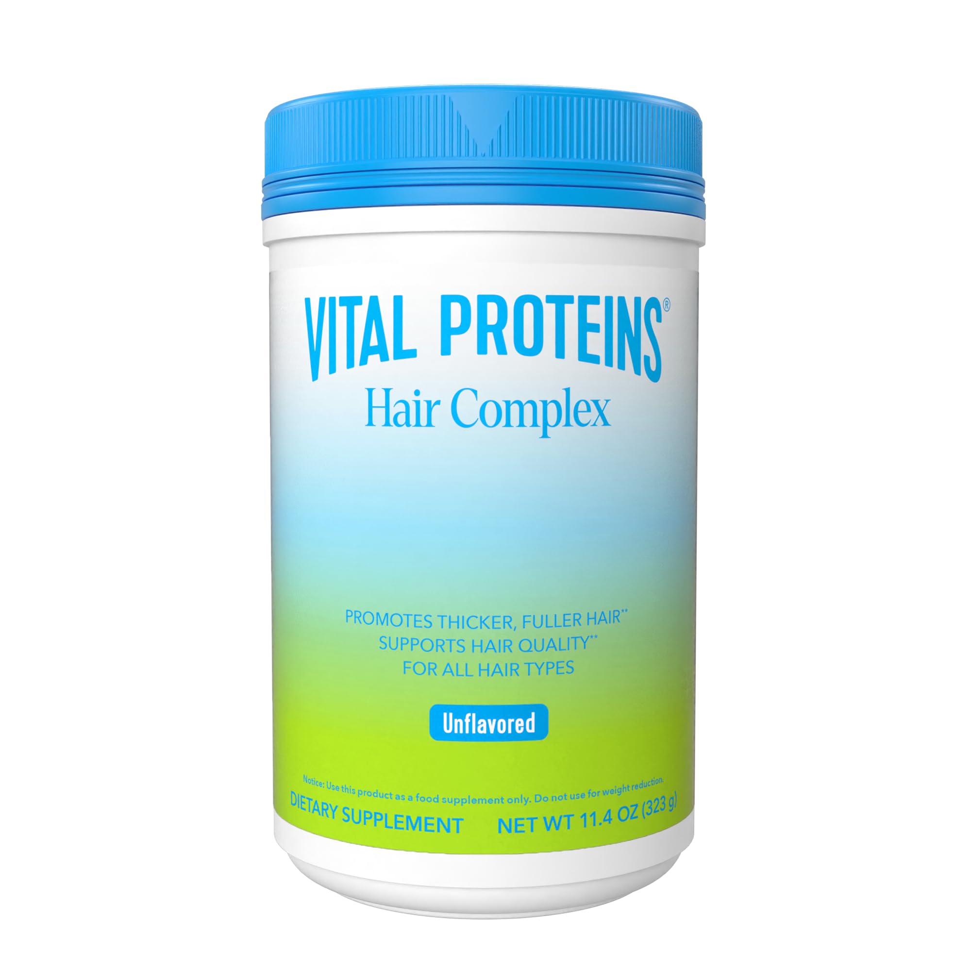 Vital Proteins Hair Complex tub on a counter, showcasing product packaging.