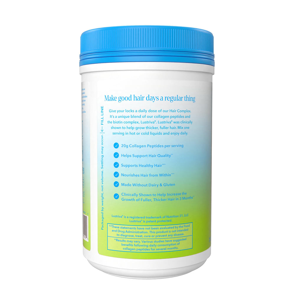 Whole30-approved Hair Complex packaging displayed beside healthy meal items.