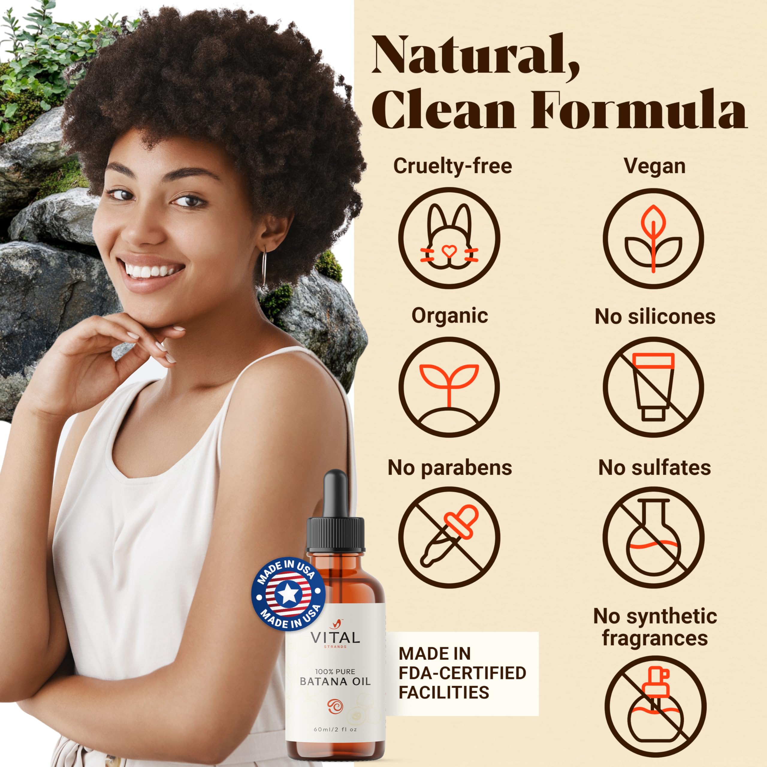 Vital Strands Batana Oil packaging showcases 60ml bottle for home or travel