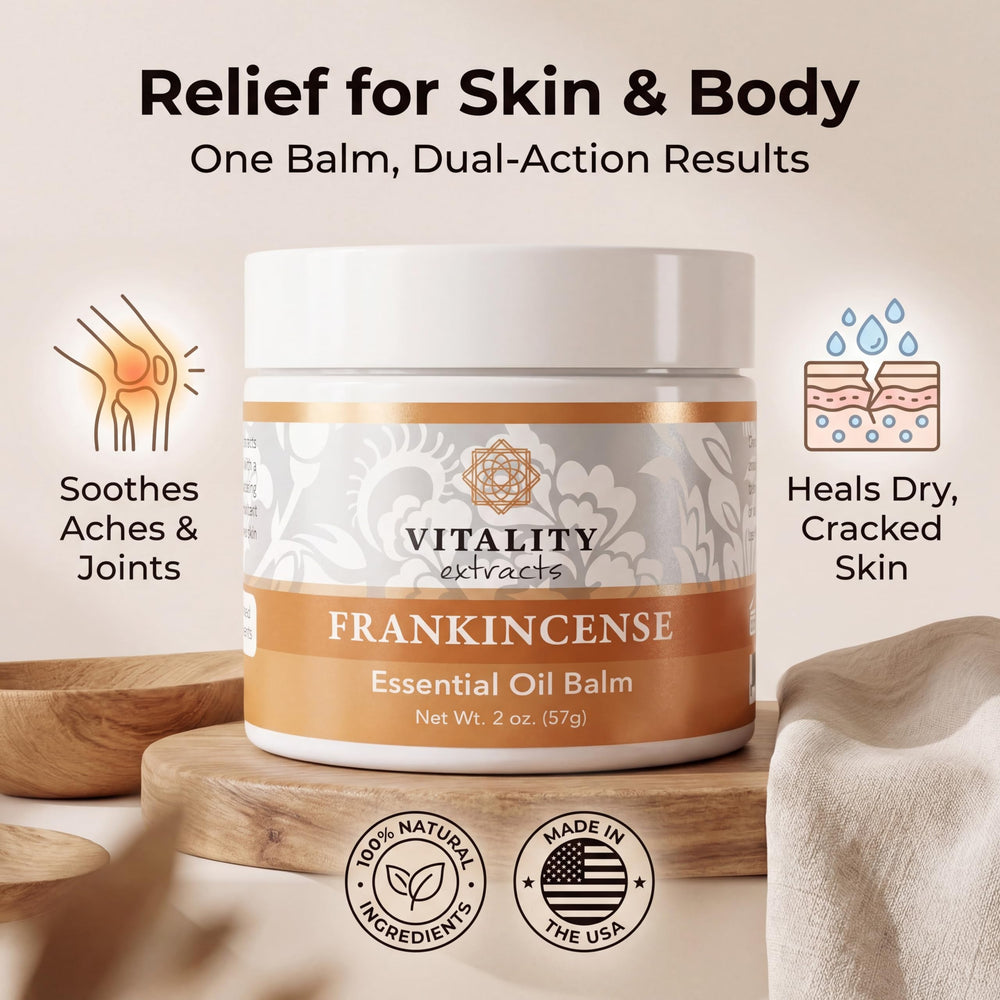 Vitality Frankincense Balm 2oz jar close-up shows silky texture for hydration.