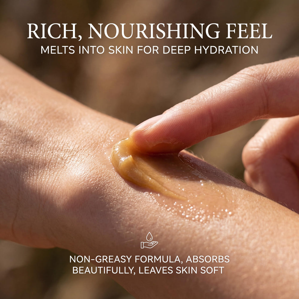 Vitality Frankincense Balm beeswax texture emphasizing a rich moisturizing barrier