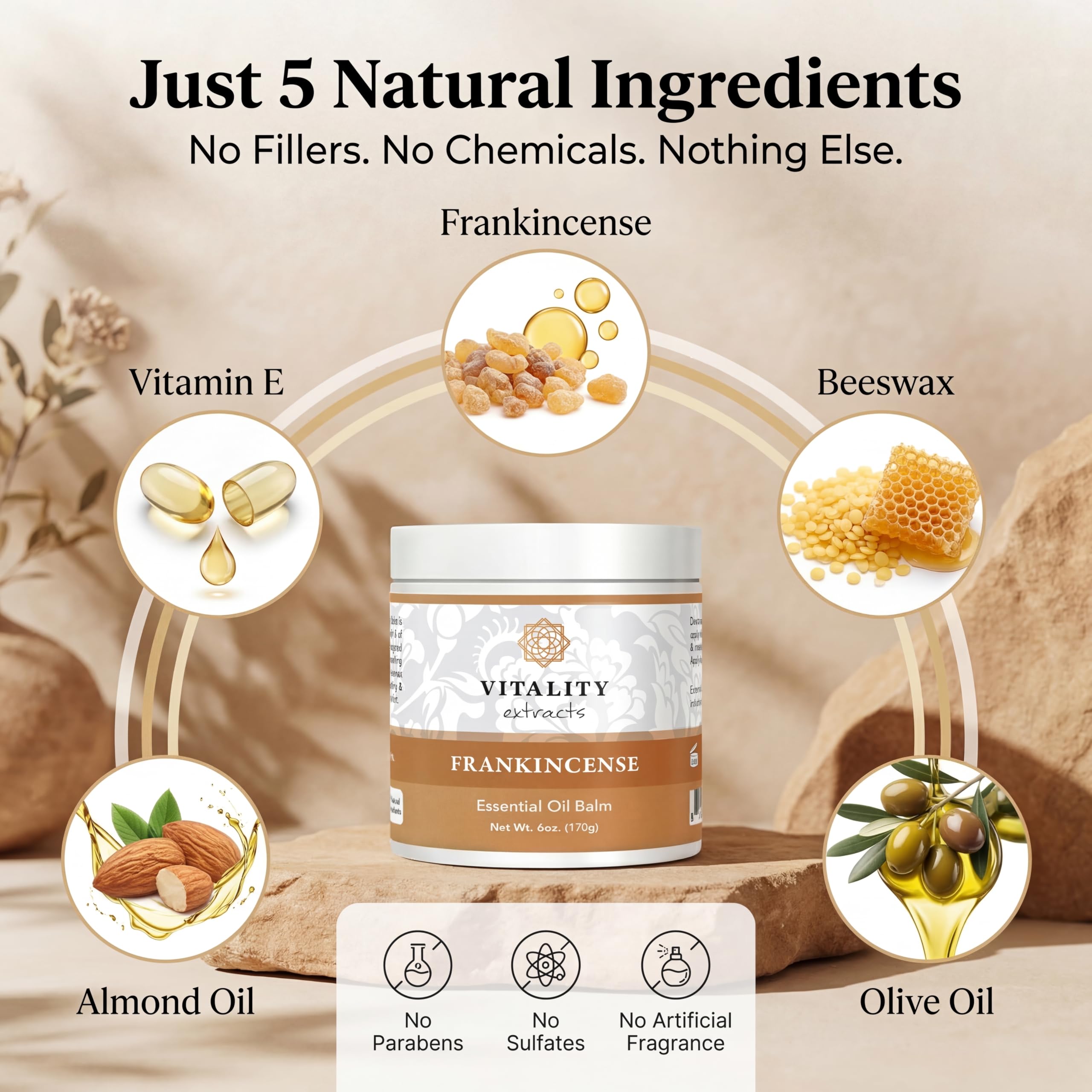 Vitality Frankincense Balm ingredients close-up with natural botanicals for nourishing hydration