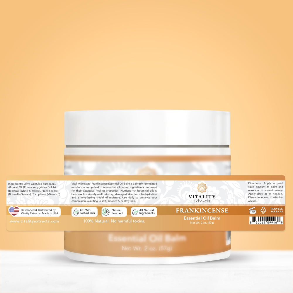 Vitality Frankincense Balm packaging highlights cruelty-free formulation.