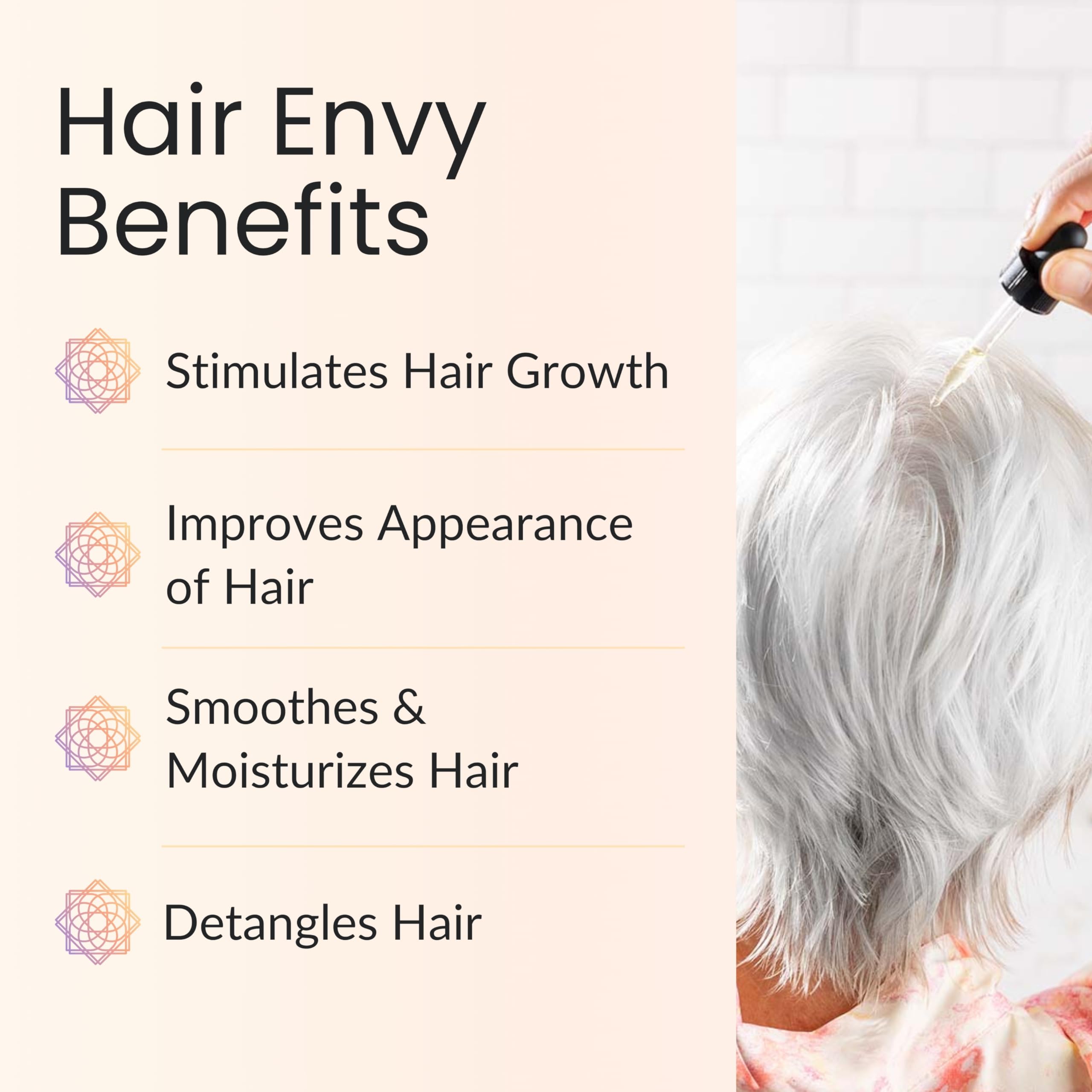 Vitality Hair Envy glass argan oil bottle suggests silky, strong hair.