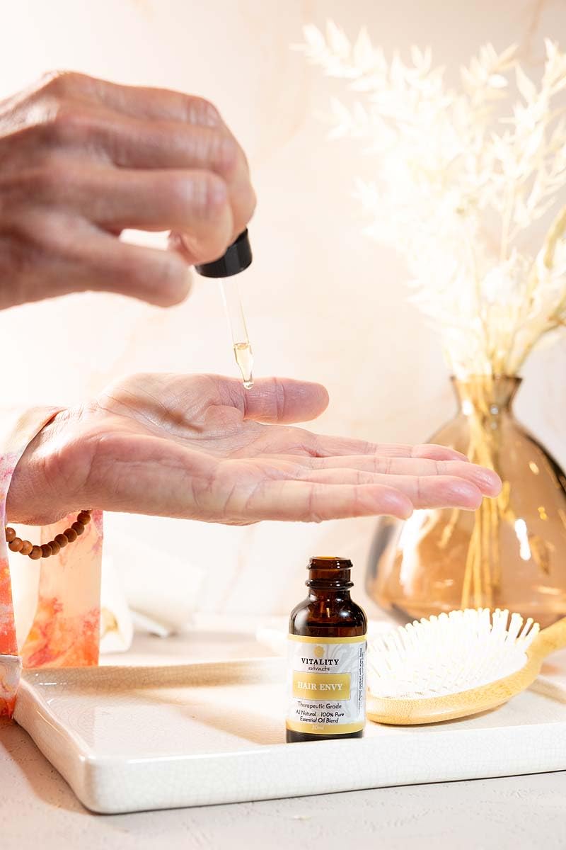 Vitality Hair Envy aromatherapy oils lineup hints at calming scent.