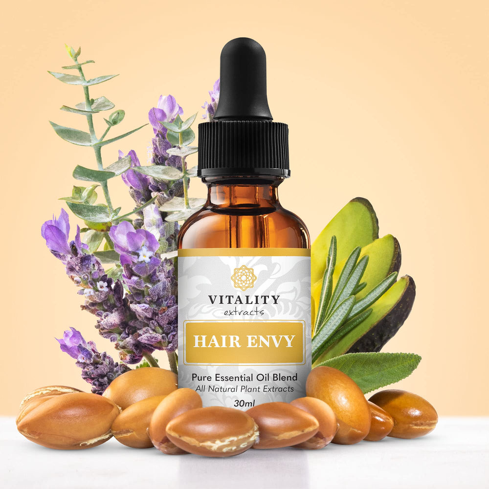 Vitality Hair Envy dropper shows castor oil for root strength.