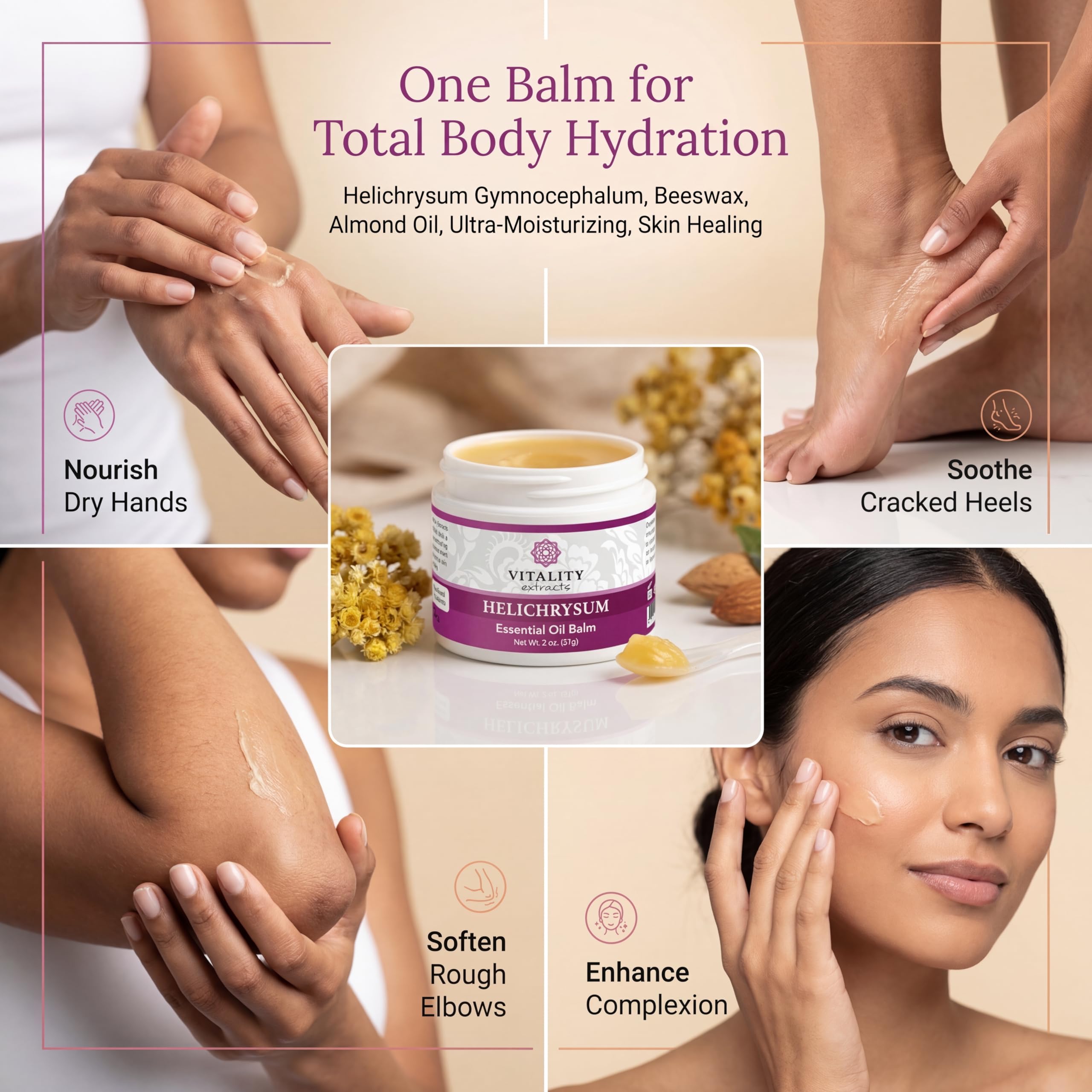 Vitality Helichrysum Balm almond oil bottle suggests gentle, hydrating care.