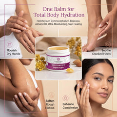 Vitality Helichrysum Balm almond oil bottle suggests gentle, hydrating care.