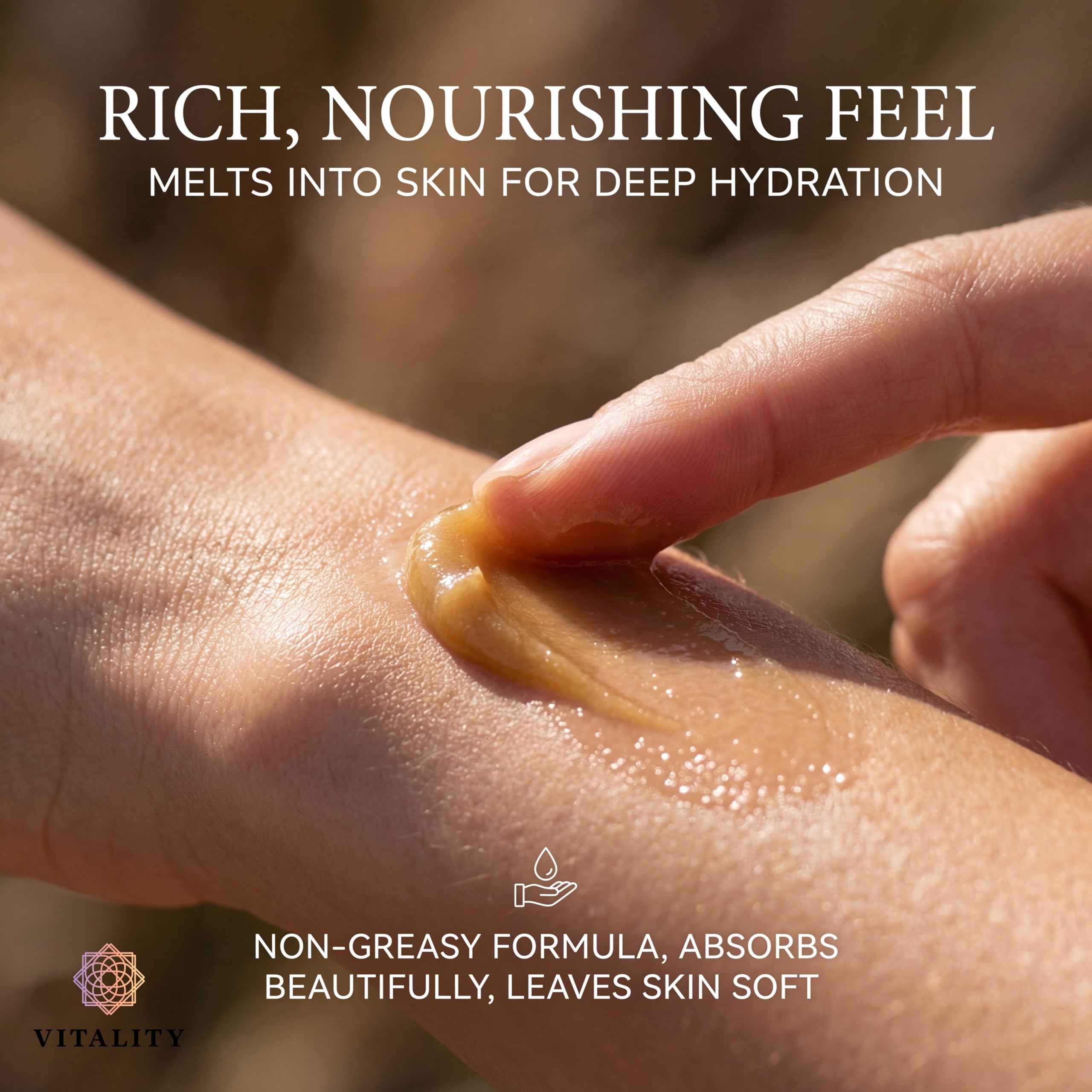 Vitality Helichrysum Balm application on hand illustrates smooth, quick absorption.