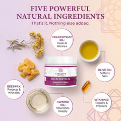 Vitality Helichrysum Balm beeswax close-up highlights natural texture and emollience.