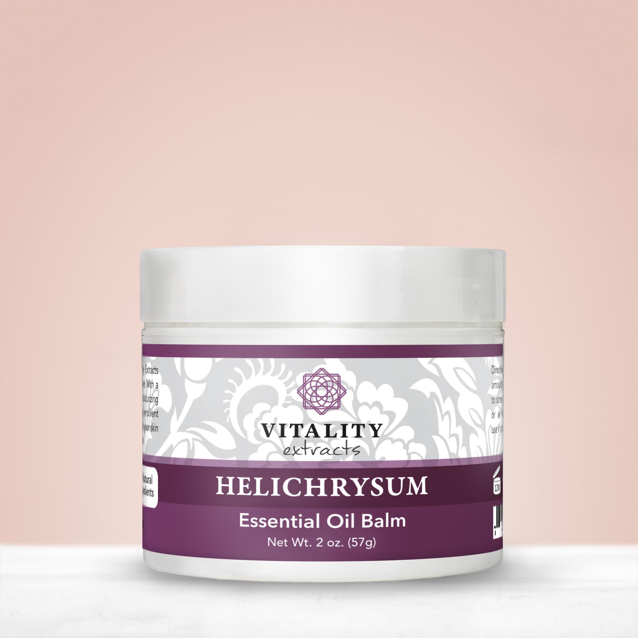 Vitality Helichrysum Balm ingredient blend showcases natural oils and beeswax composition.