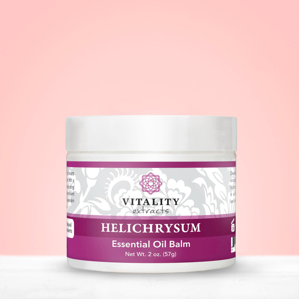 Vitality Helichrysum Balm ingredient blend showcases natural oils and beeswax composition.