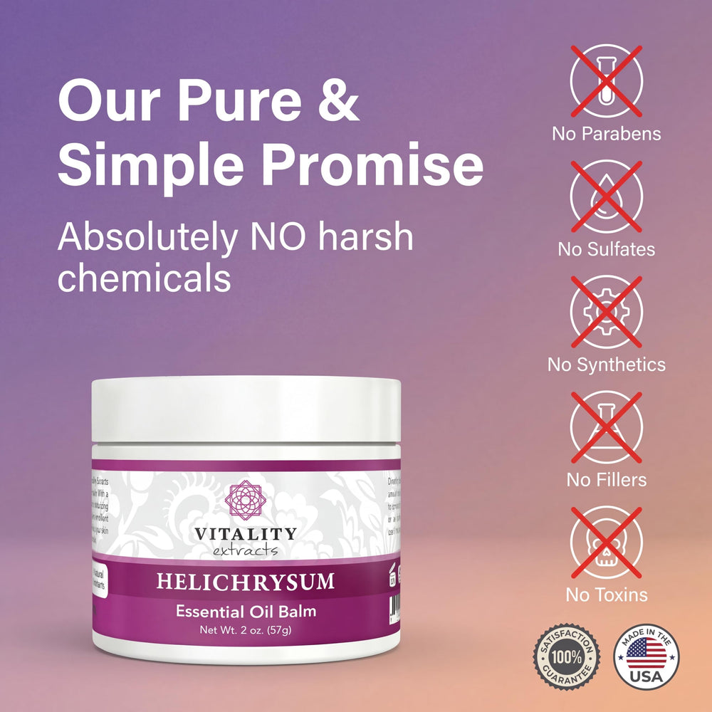 Vitality Helichrysum Balm olive oil bottle demonstrates nourishing base oils for skin.