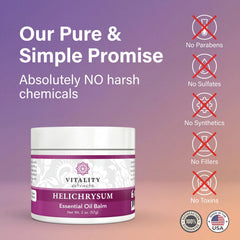 Vitality Helichrysum Balm olive oil bottle demonstrates nourishing base oils for skin.