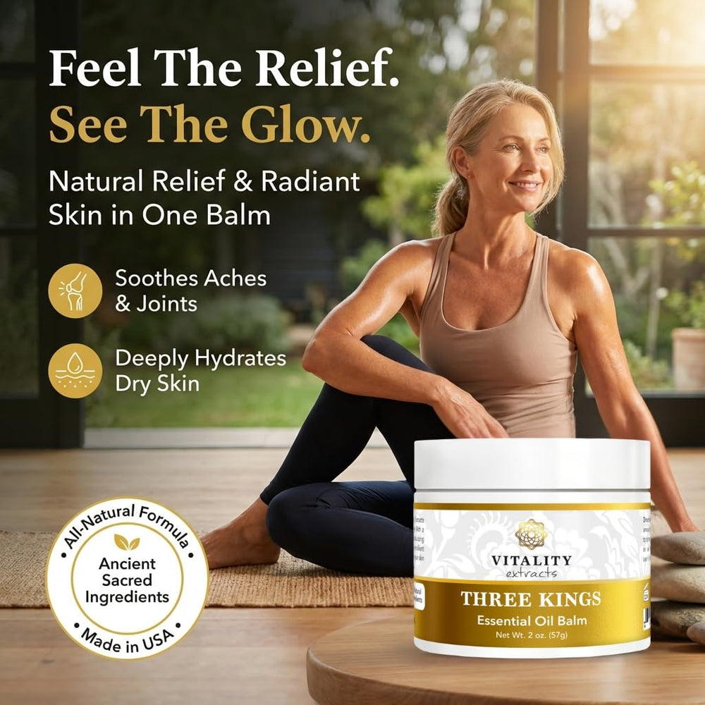 Vitality Three Kings Balm bottle shows frankincense, myrrh, and sandalwood aroma