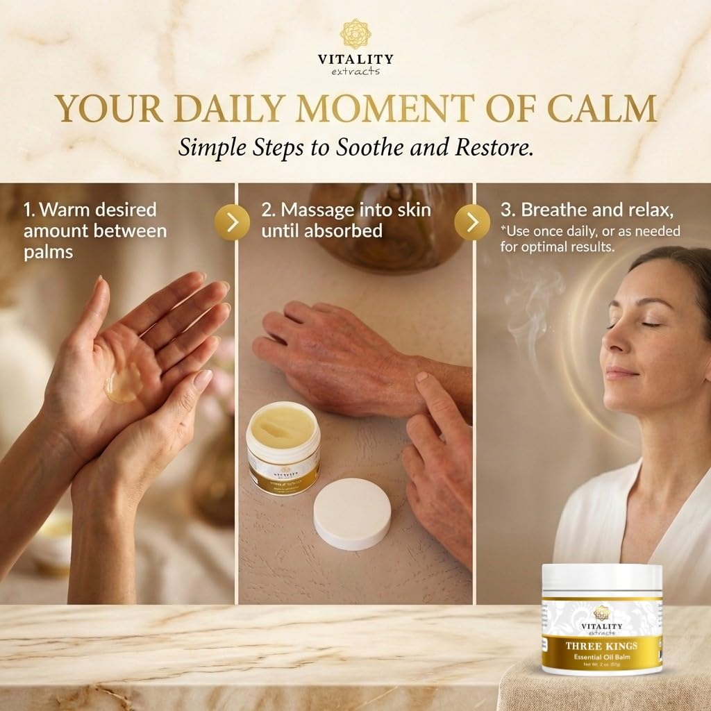 Vitality Three Kings Balm ingredients display highlights sacred botanicals for nourishing skin
