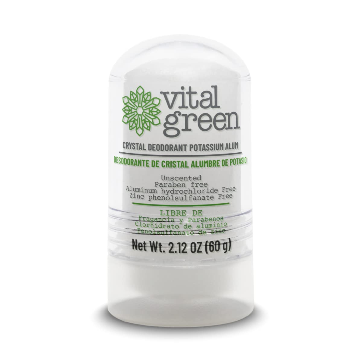 Vital Green alumbre de potasio, desodorante cristal sin fragancia para axilas.