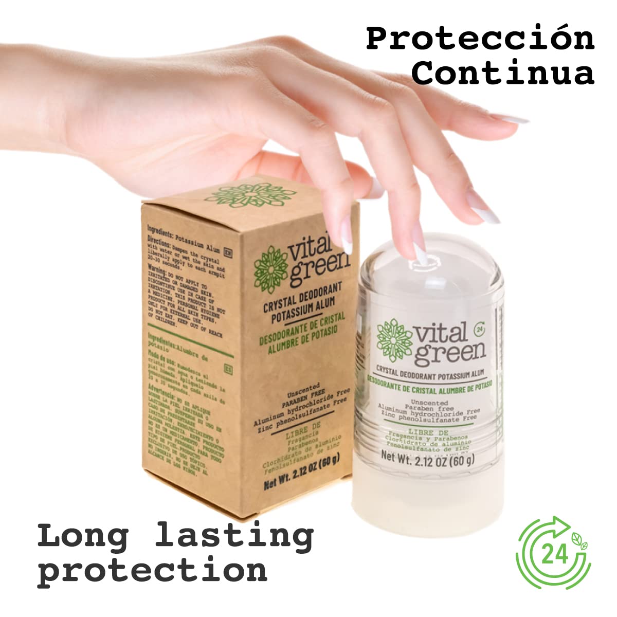 Vital Green aplicación desodorante cristal, axilas limpias y confort diario.