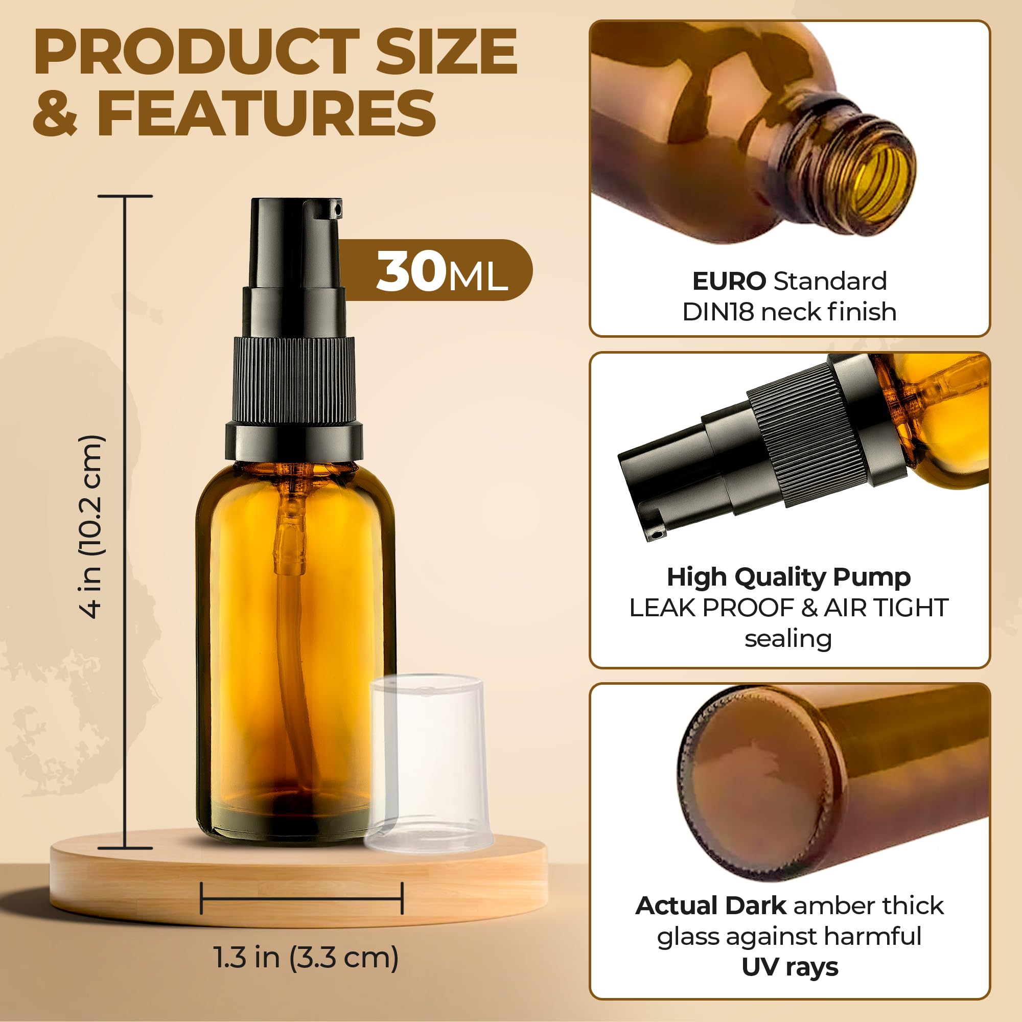 VitalUp close-up of amber bottle 30ml with cream pump cap
