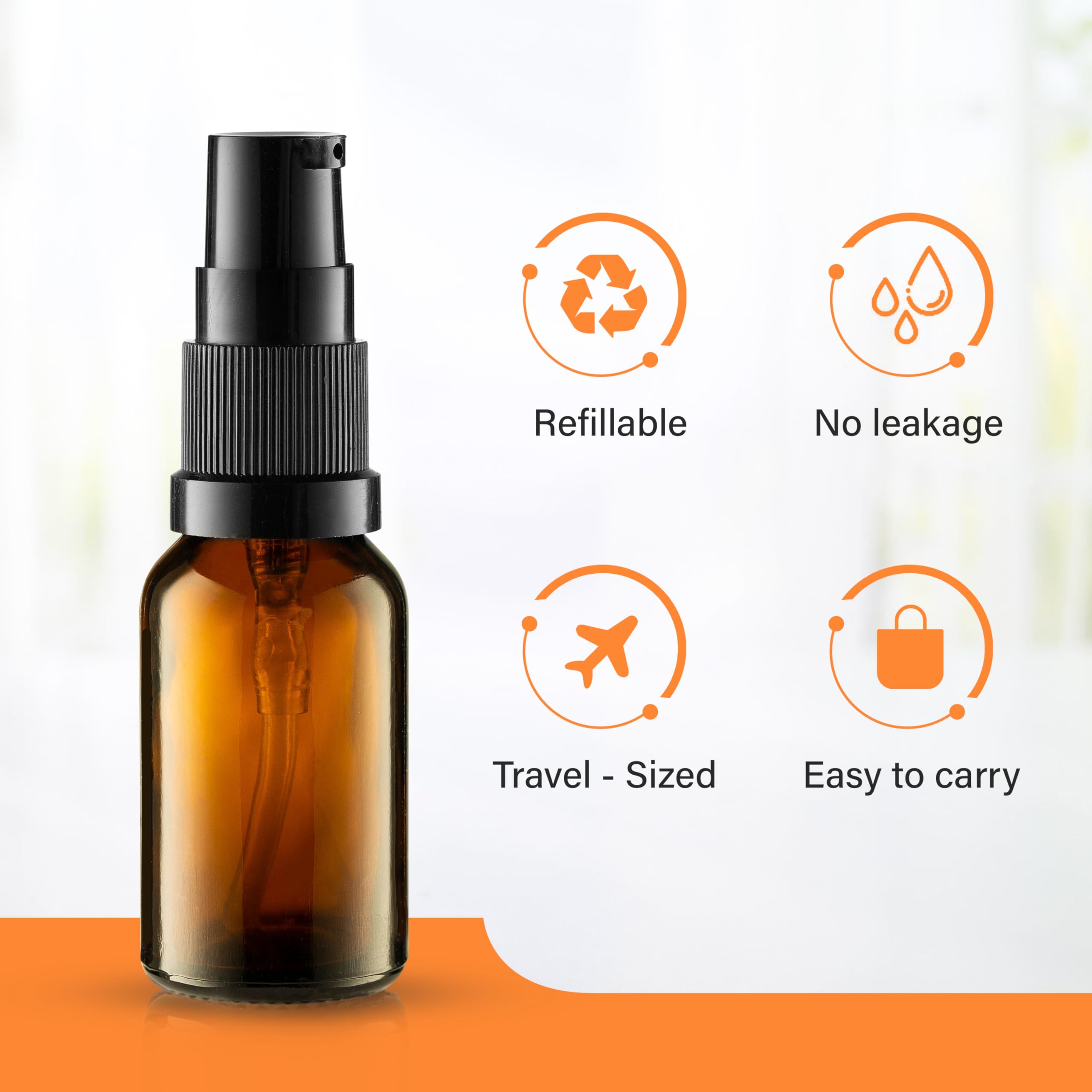 VitalUp amber glass bottle with cream pump cap, leak-proof and travel ready