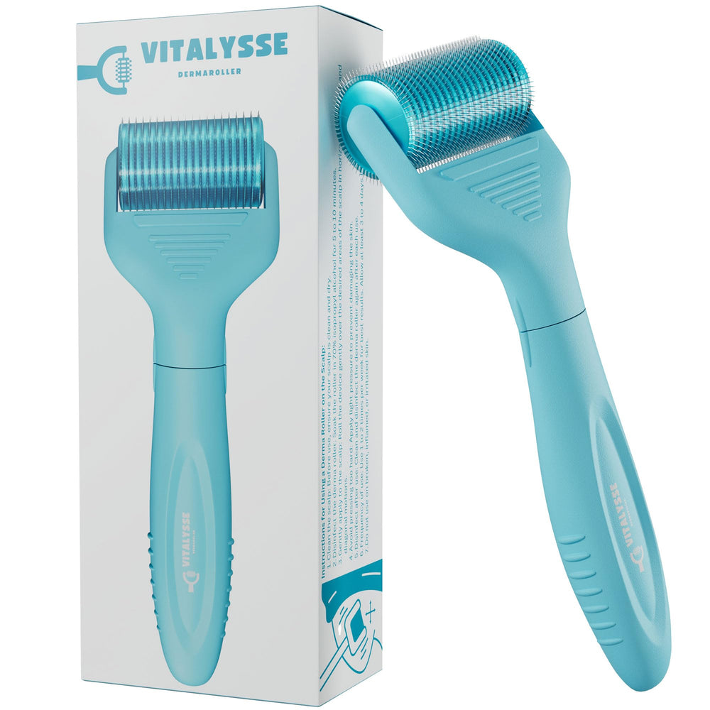 Vitalysse scalp derma roller with 1200 titanium needles for at-home microneedling.