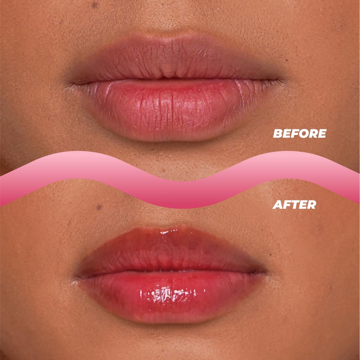 Close-up shows the balm texture swirled with strawberry cream.