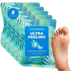 Vitamasques mascarilla exfoliante para pies, paquete de cinco pares para cuidado continuo.