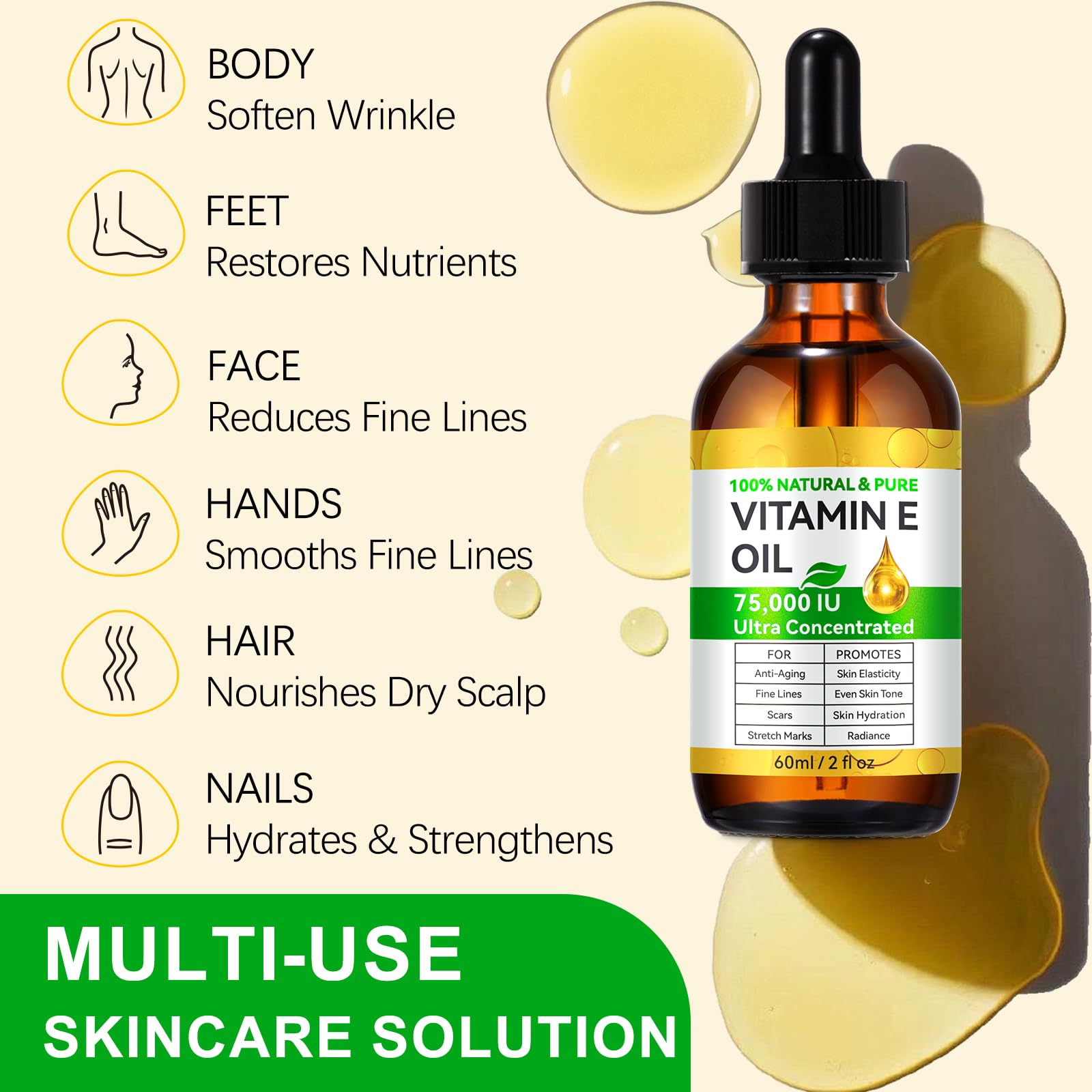 Vitamin E Oil for dry skin relief with a soft, luminous finish.