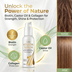 Aplicación del suero keratina sobre el cabello, textura ligera y tacto sedoso